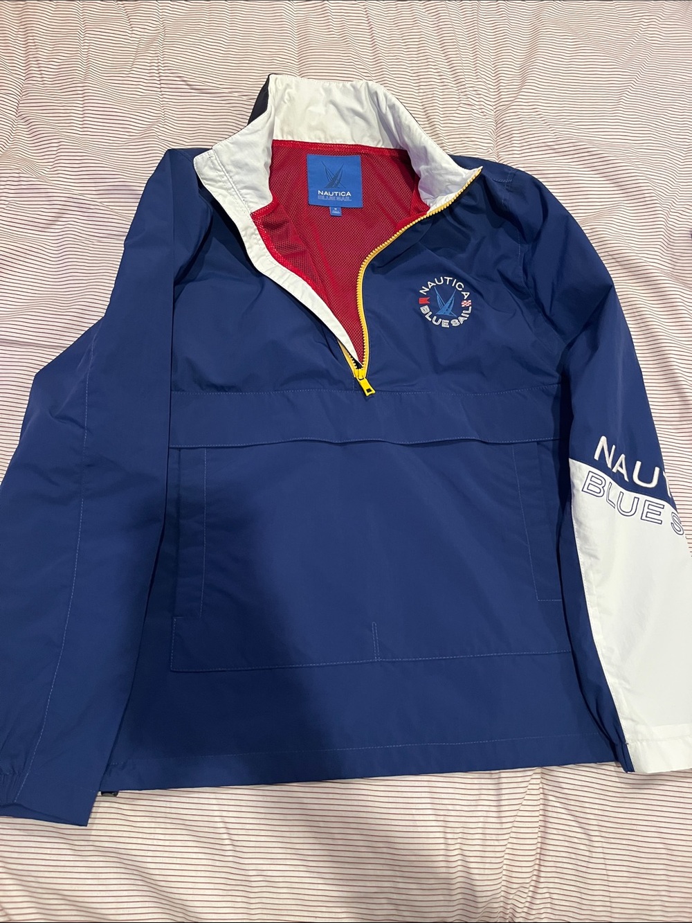 Nautica Navy Windbreaker Pullover with White Sleeve and Yellow Zip